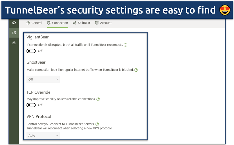 Image showing the connection settings of TunnelBear