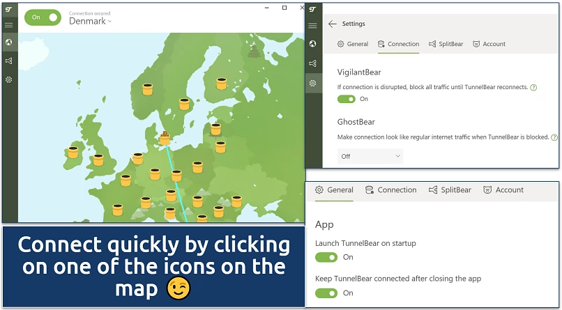 Screenshot of Tunnelbear's security features on Windows app