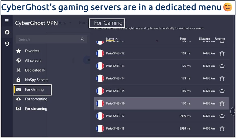 Screenshot of CyberGhost specialized servers for gaming