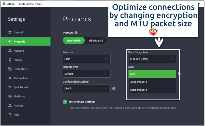 A screenshot of PIA customization settings for gaming