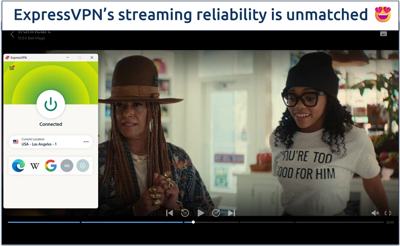 Screenshot of streaming Ironheart on Disney+ while connected to ExpressVPN's USA - Los Angeles - 1 server