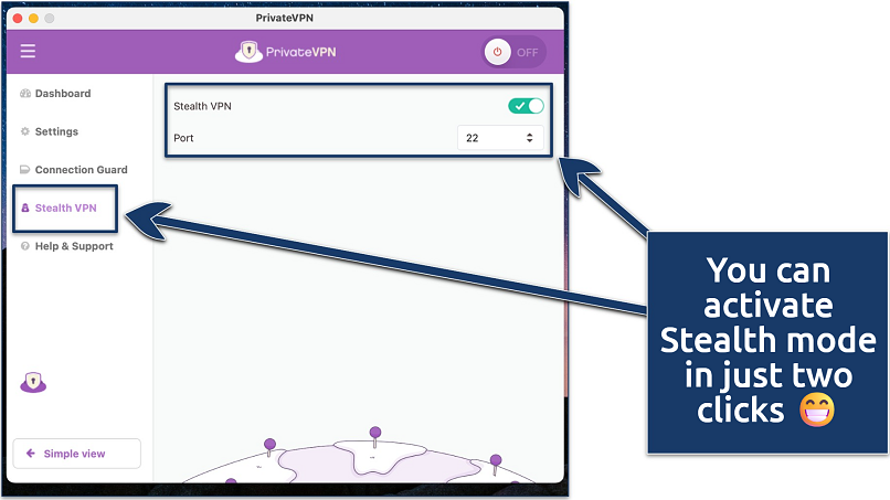 Screenshot of PrivateVPN's macOS app with Stealth VPN settings enabled