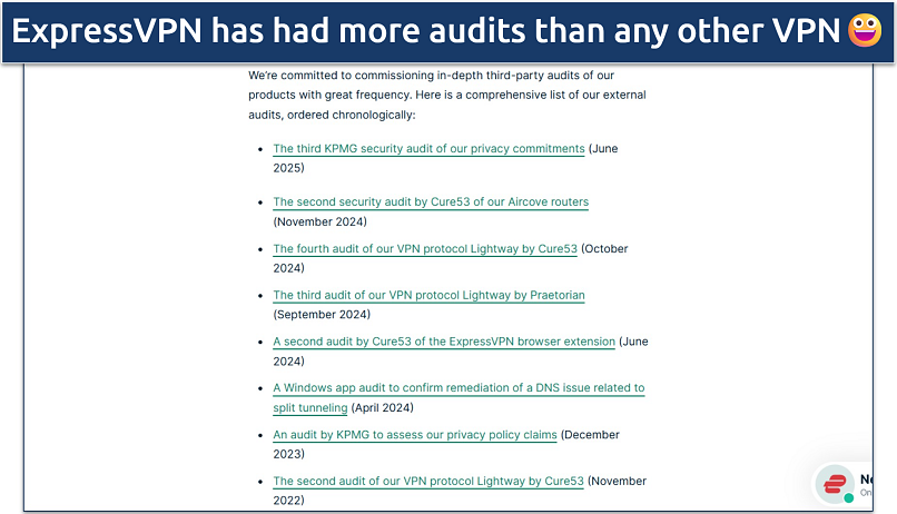 Screenshot of ExpressVPN's website showing its independent audits list