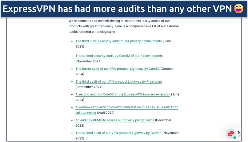 Screenshot of ExpressVPN's website showing its independent audits list