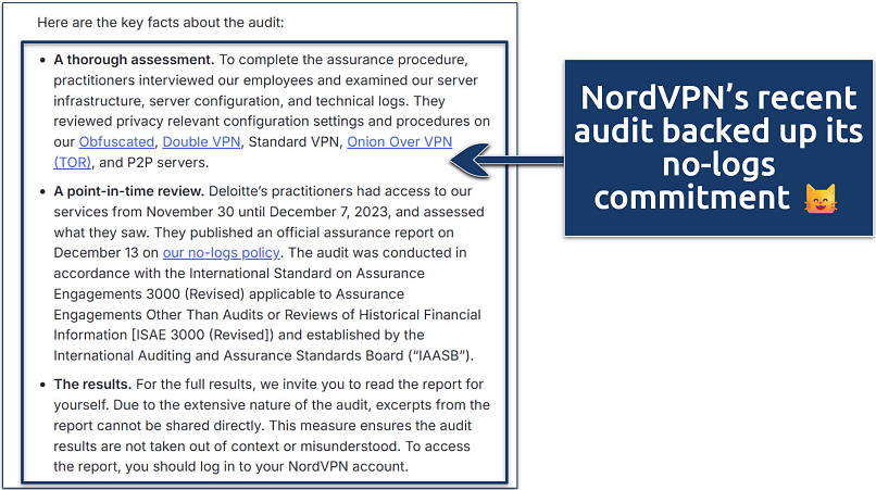 Screenshot of NordVPN's statement about its attest audit