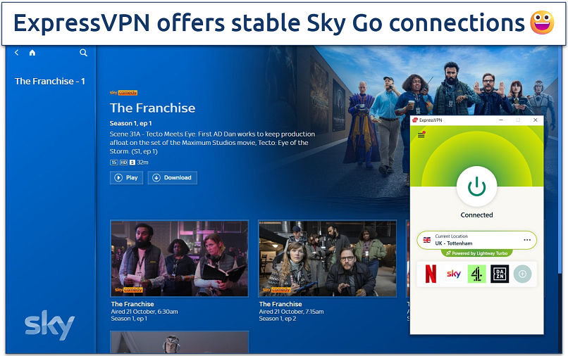 Screenshot of ExpressVPN with an active UK - East London connection and The Franchise on the Sky Go website