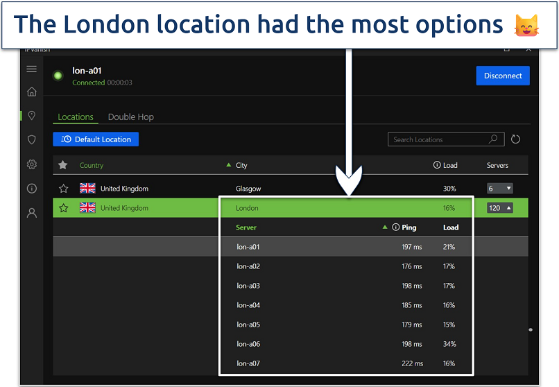 Screenshot of the IPVanish Windows app interface with its United Kingdom London server list expanded