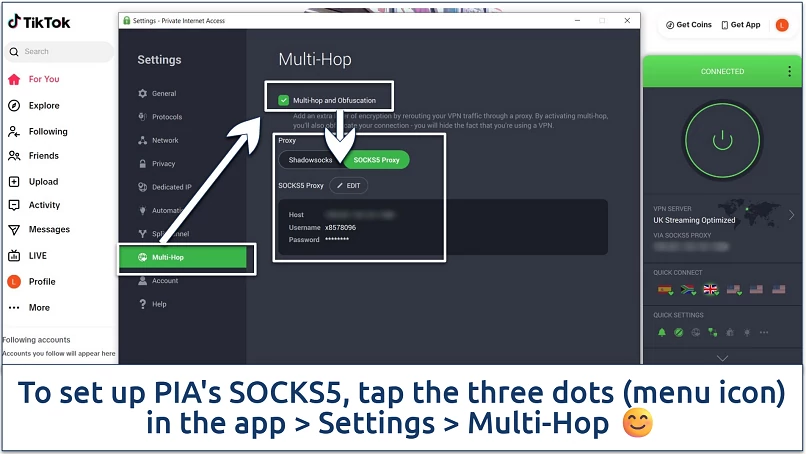 A screenshot showing how to enable PIA's SOCKS5 Proxy