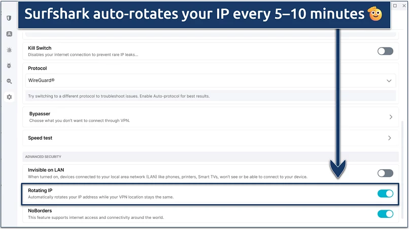 Screenshot of Surfshark's settings menu highlighting the IP rotation feature