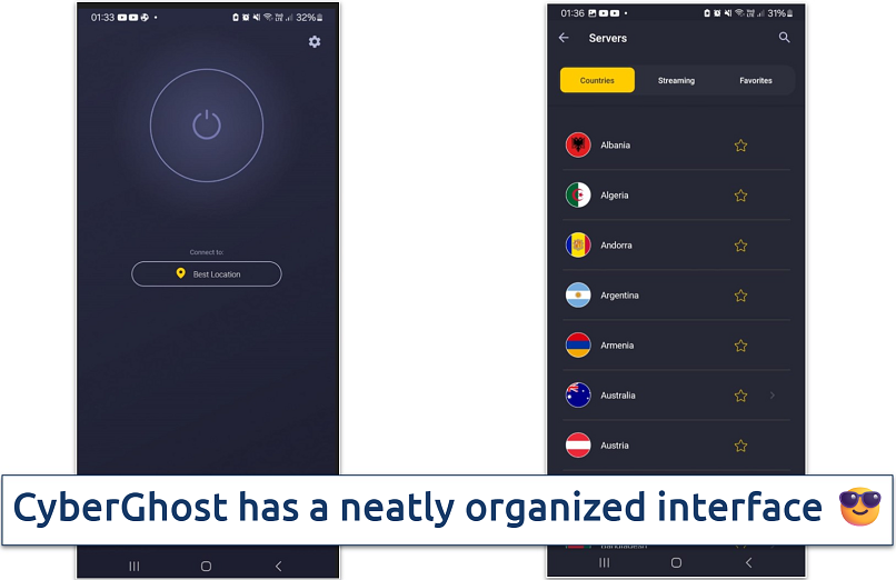 Screenshot of CyberGhost’s neat and well‑organized interface.