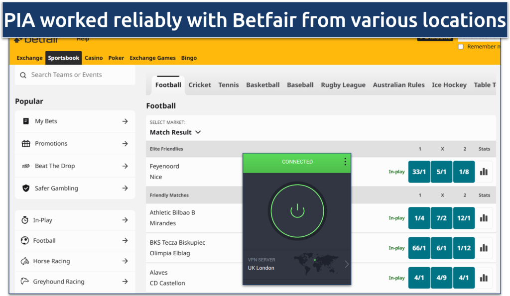 Screenshot showing Betfair’s sportsbook interface while connected to PIA's server in London