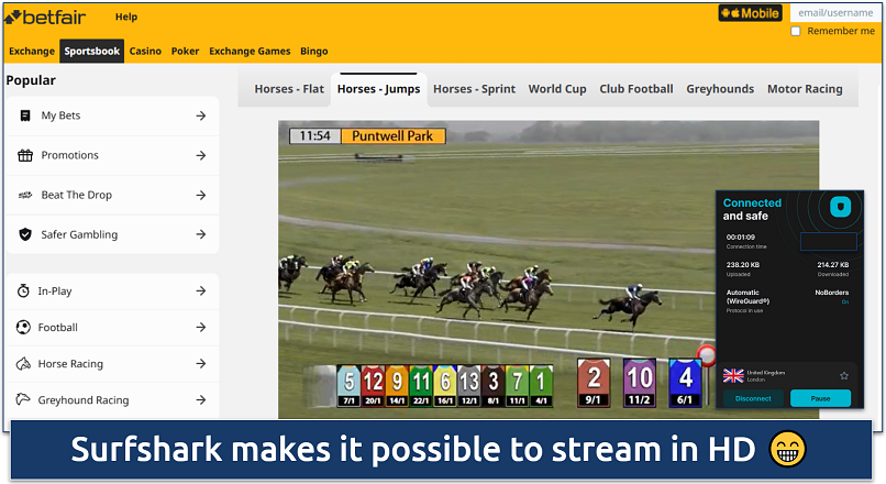 Screenshot of Betfair horse racing stream with Surfshark VPN connected to a UK server
