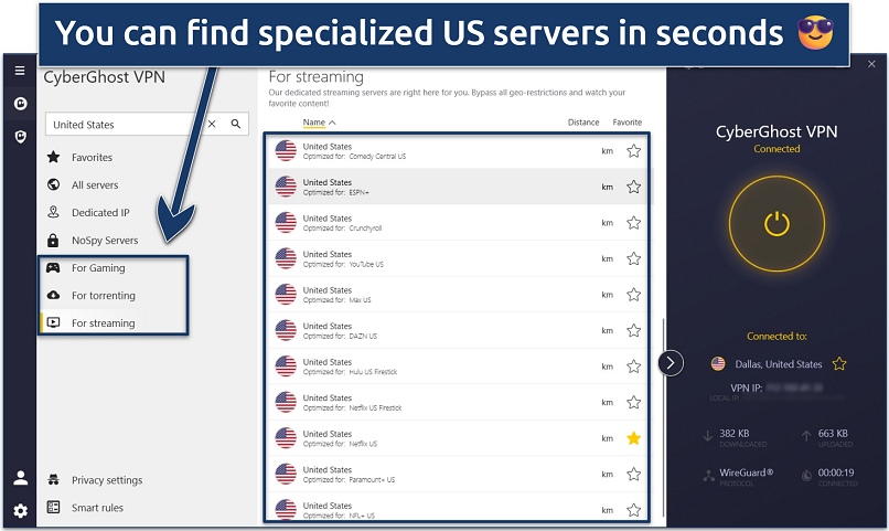 Screenshot of the CyberGhost Windows app with a connection to the ESPN+ server