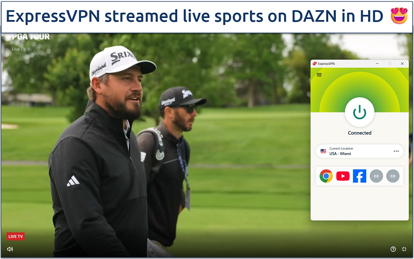 Screenshot of streaming Live TV+ on DAZN while connected to the ExpressVPN USA - Miami server