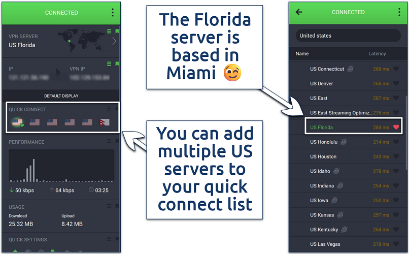 Screenshot of PIA Windows app showing its US server list