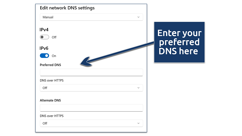 Windows DNS settings screen with IPv6 enabled and fields for Preferred DNS and Alternate DNS highlighted