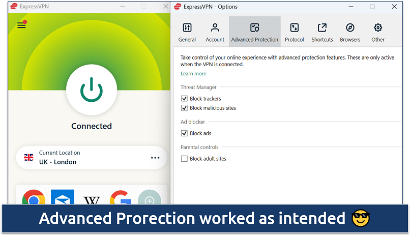 ExpressVPN connected to a UK server with advanced protection settings showing options for blocking trackers, malicious sites, ads, and adult content