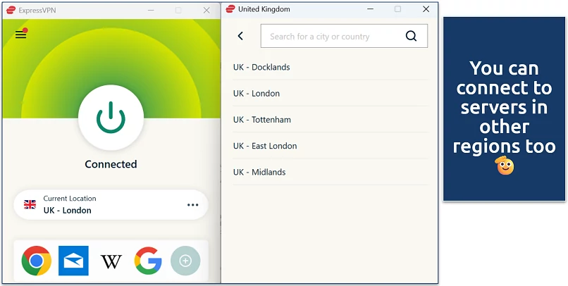 VPN app connected to London server with a list of other UK server locations available