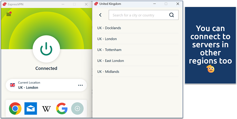 ExpressVPN app connected to London server with a list of other UK server locations available