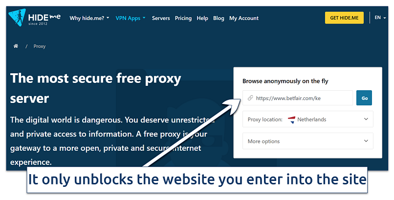 Hide.me free proxy webpage with a URL entered and server location set to Netherlands