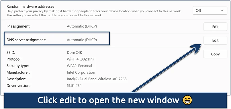 Windows WiFi properties screen showing DNS server assignment set to Automatic (DHCP) with Edit button highlighted