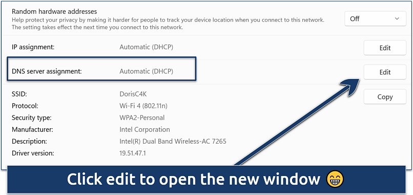 Windows WiFi properties screen showing DNS server assignment set to Automatic (DHCP) with Edit button highlighted