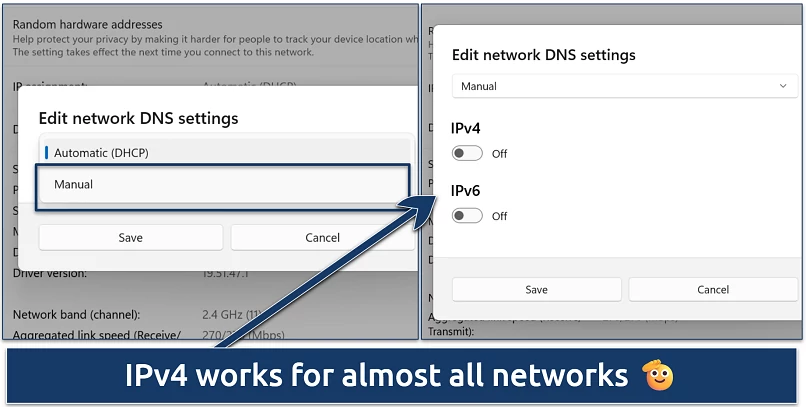 Windows DNS settings screen showing the option to change from Automatic (DHCP) to Manual with IPv4 and IPv6 toggles