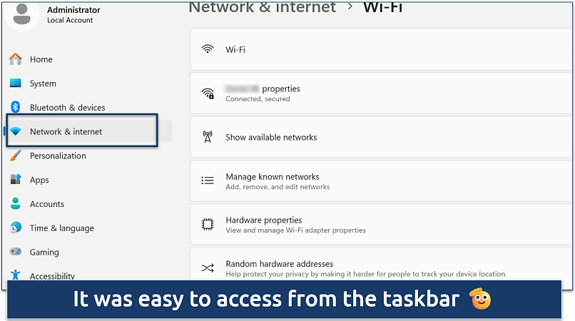 Windows Network & Internet settings menu showing WiFi options and connection properties