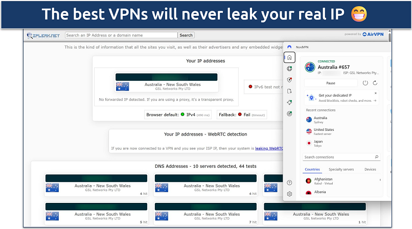Screenshot of NordVPN's Windows app connected to the Australia Sydney server while leak tests are performed on ipleak.net