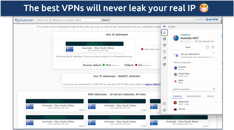 Screenshot of NordVPN's Windows app connected to the Australia Sydney server while leak tests are performed on ipleak.net