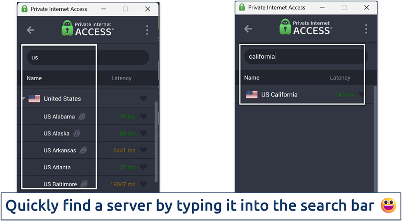 Screenshot of Private Internet Access' Windows app highlighting how to use the server search bar