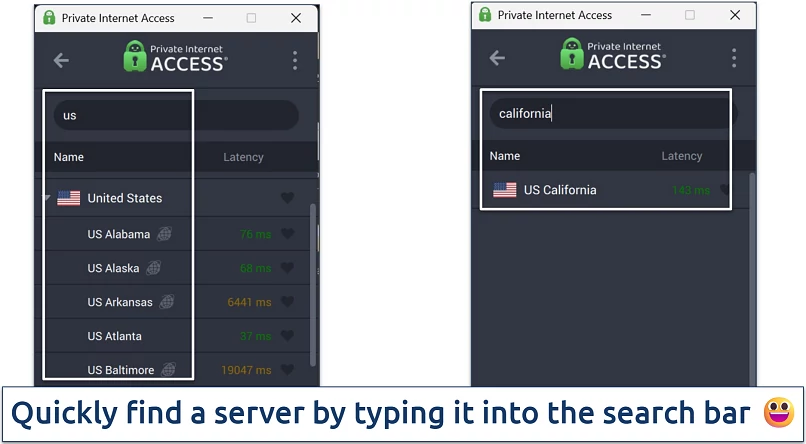 Screenshot of Private Internet Access' Windows app highlighting how to use the server search bar