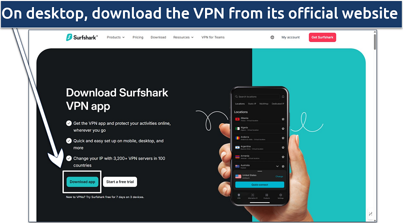 Screenshot of Surfshark's download page from its official website 