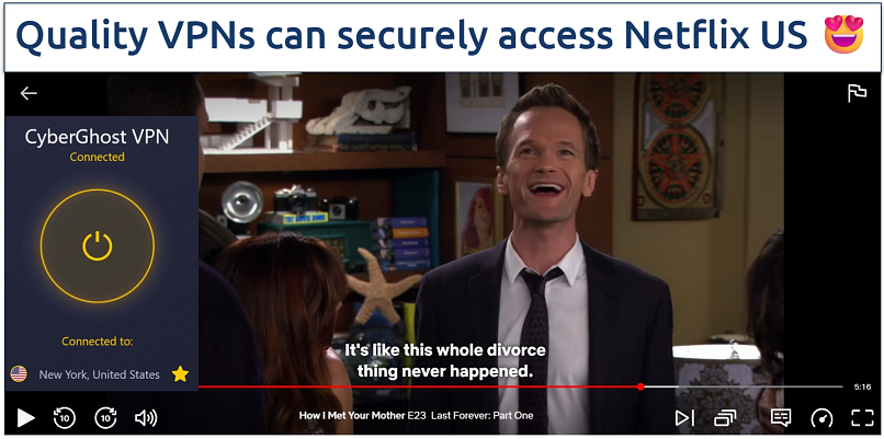 Screenshot of Netflix US streaming How I Met Your Mother while connected to CyberGhost's Netflix-optimizer server