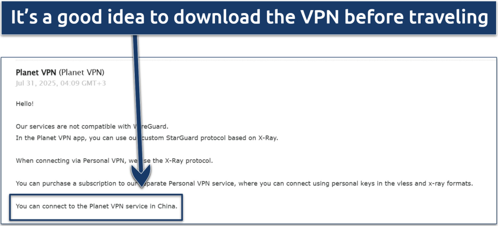 Screenshot of a email from Planet VPN support that claims the VPN works in China