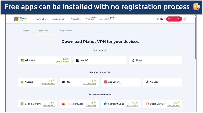 Screenshot of Planet VPN's download page on its website