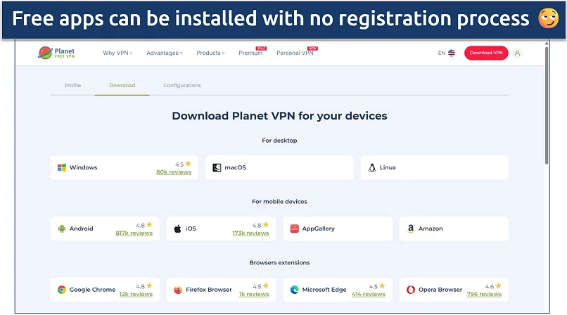 Screenshot of Planet VPN's download page on its website
