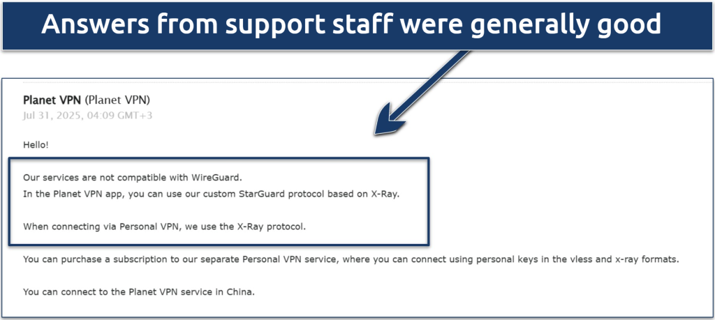 Screenshot of an email from Planet VPN support where they explain its new StarGuard protocol