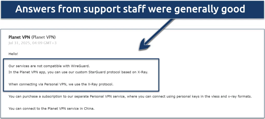 Screenshot of an email from Planet VPN support where they explain its new StarGuard protocol