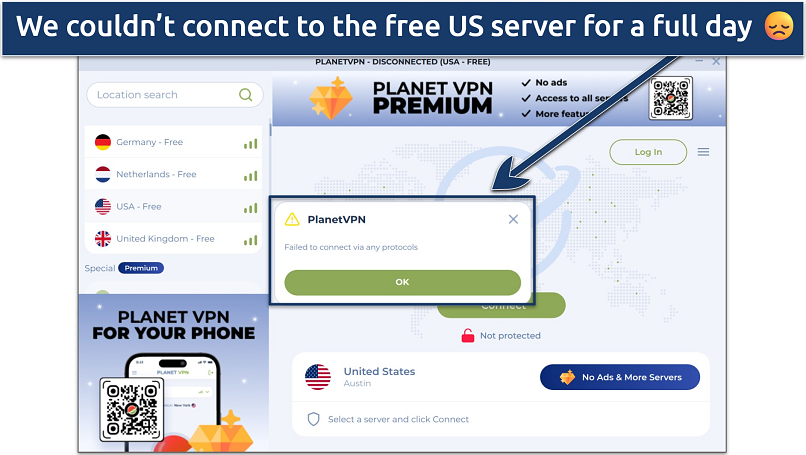 Screenshot of Planet VPN's free application for windows highlighting a connection error with the USA Free server 
