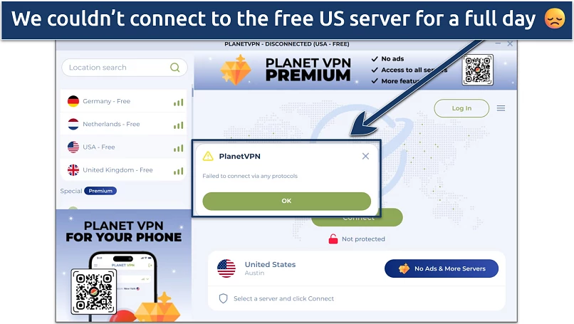 Screenshot of Planet VPN's free application for windows highlighting a connection error with the USA Free server 