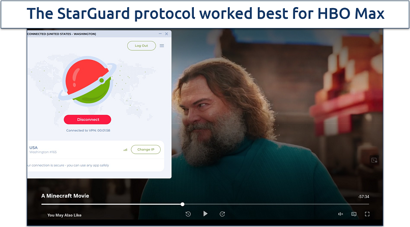 Screenshot of the HBO Max player streaming A Minecraft Movie while connected to Planet VPN's Washington US server