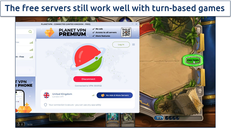 Screenshot of a match in Hearthstone being played while connected to Planet VPN's free UK server