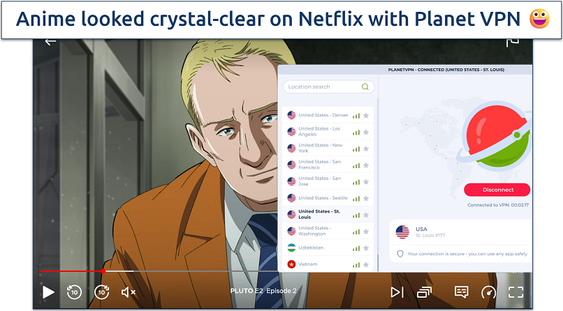 Screenshot of Netflix player streaming Pluto while connected to Planet VPN's St Louis server 