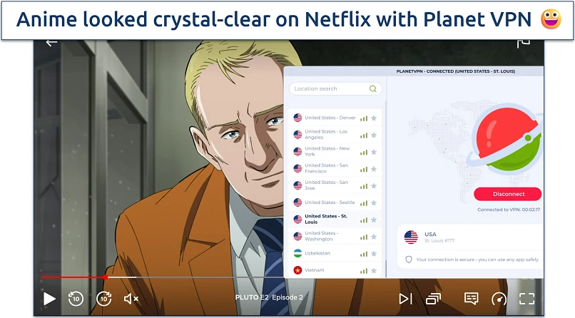 Screenshot of Netflix player streaming Pluto while connected to Planet VPN's St Louis server 