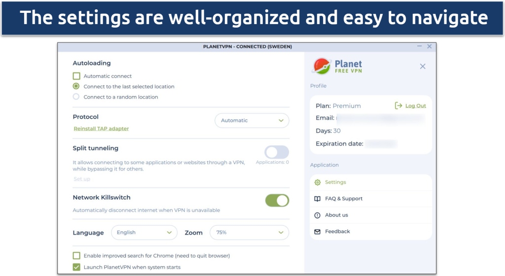 Screenshot of Planet VPN's Windows app highlighting the settings menu 
