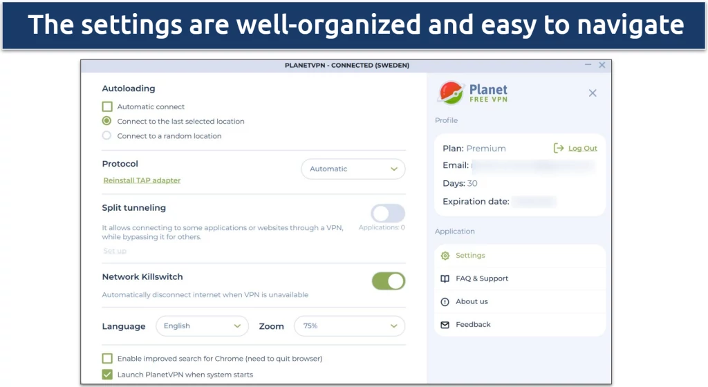 Screenshot of Planet VPN's Windows app highlighting the settings menu 