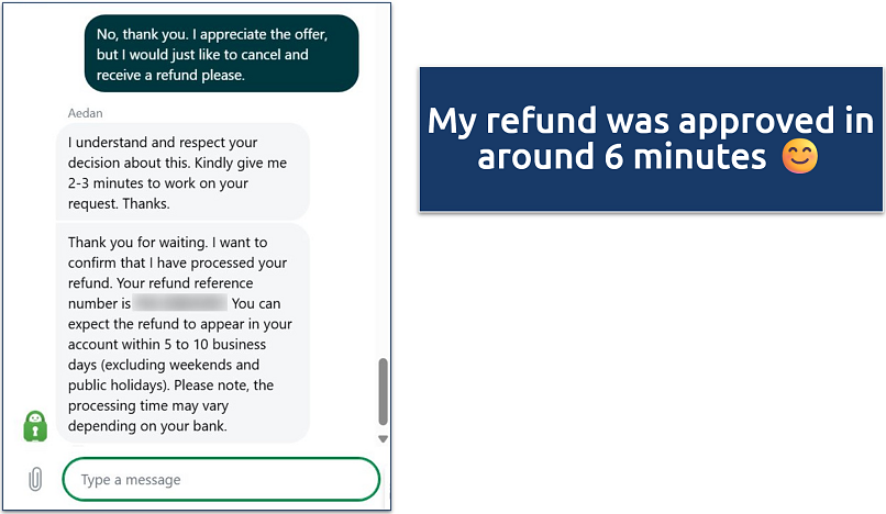 Screenshot of a live chat conversation with PIA support where my account was cancelled and I was given a refund