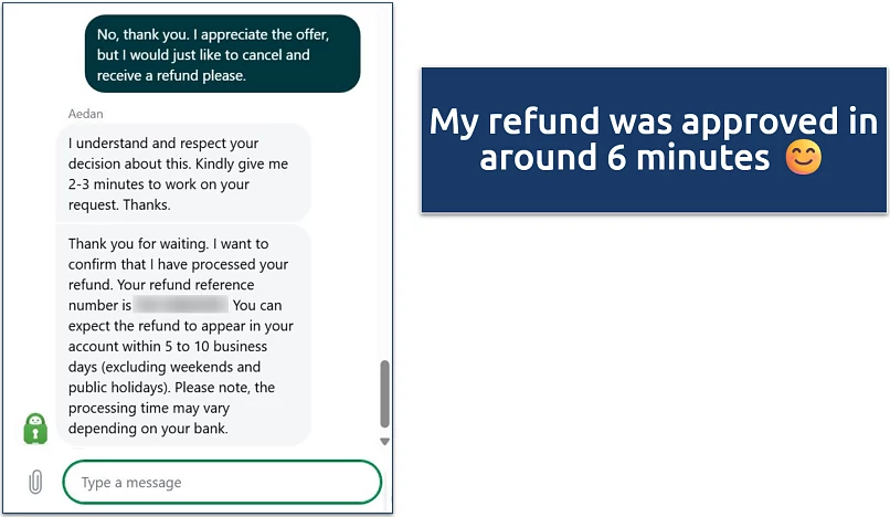 Screenshot of a live chat conversation with PIA support where my account was cancelled and I was given a refund