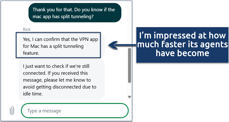 Screenshot of a live chat conversation with PIA support where they informed me that the Mac app does have split tunneling now